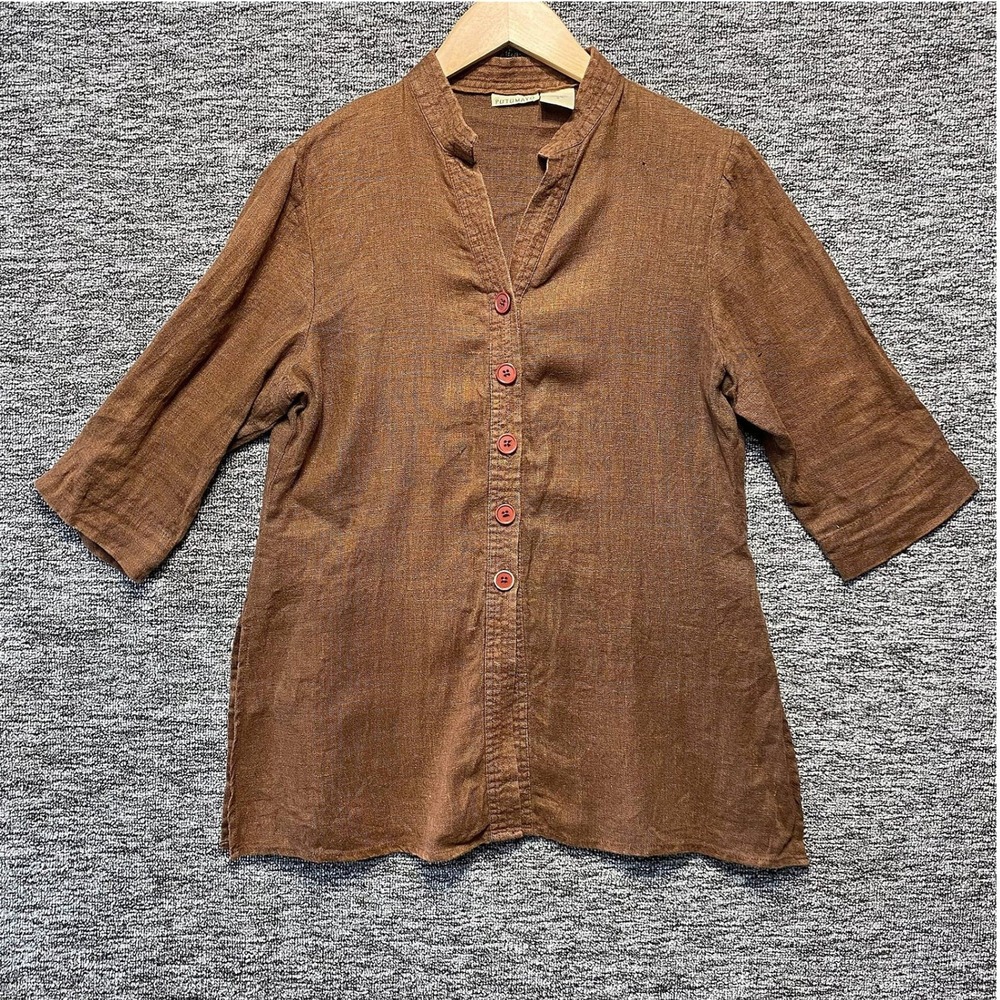 VTG Putumayo Button Down Shirt Womens S Brown 100% Linen 3/4 Sleeve Boho Top 90s